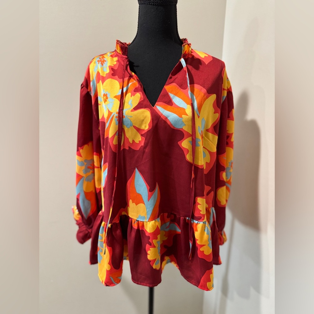 Umgee Multicolor Ruffled Blouse Small 70s inspired|‎ festival wear| retro floral